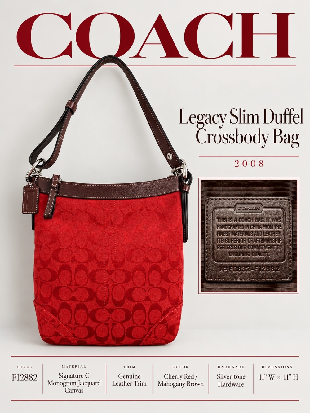 Vintage Coach Legacy Slim Duffle Red Jacquard & Brown Trim Style F12882